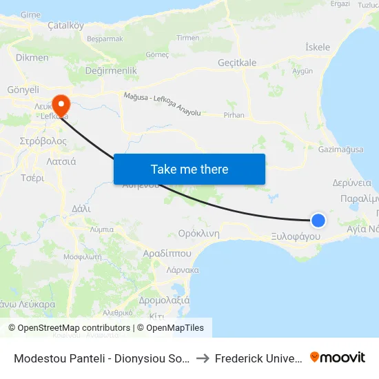 Modestou Panteli - Dionysiou Solomou to Frederick University map