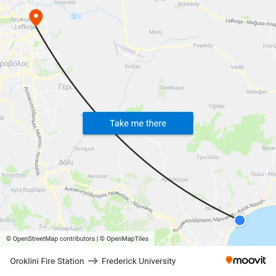 Oroklini Fire Station to Frederick University map