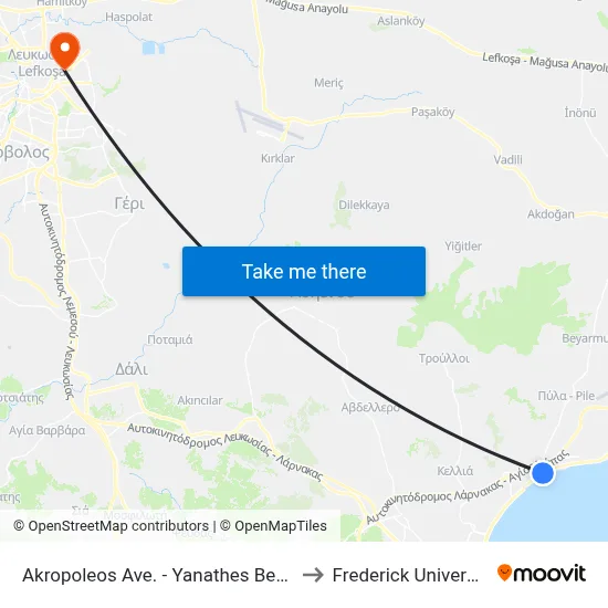 Akropoleos Avenue - Yanathes Beach to Frederick University map