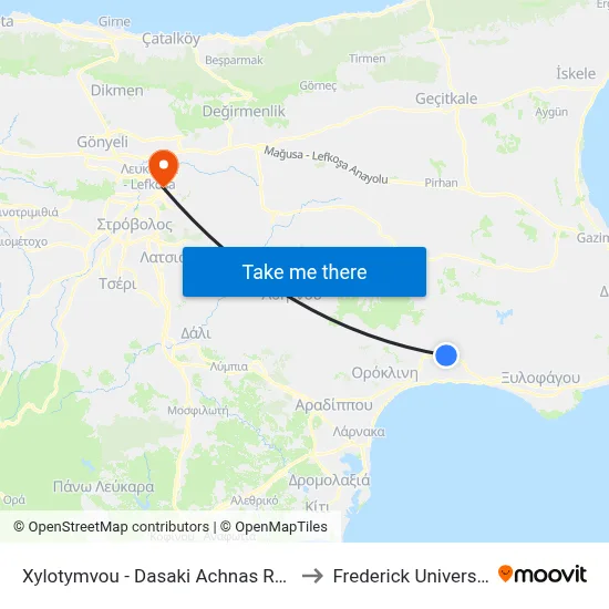 Xylotymvou - Dasaki Achnas Road to Frederick University map