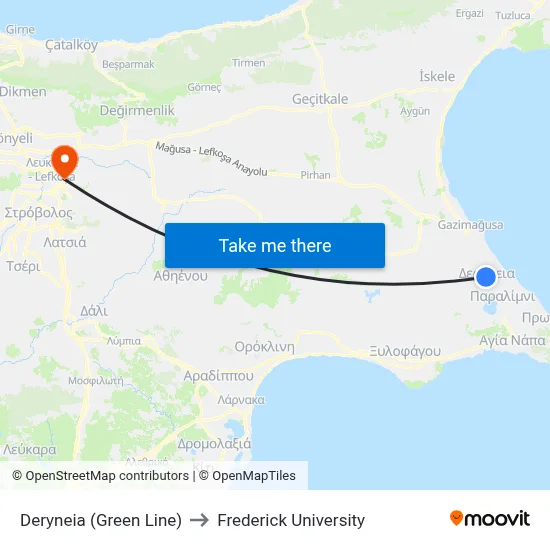 Deryneia (Green Line) to Frederick University map