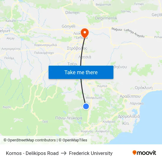 Kornos - Delikipos Road to Frederick University map