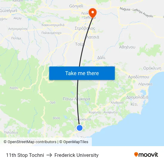 11th Stop Tochni to Frederick University map
