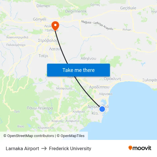 Larnaka Airport to Frederick University map