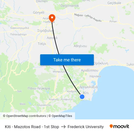 Kiti - Mazotos Road - 1st Stop to Frederick University map