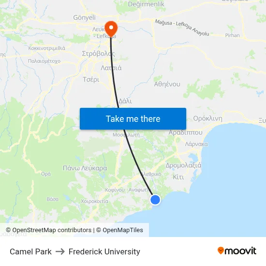 Camel Park to Frederick University map