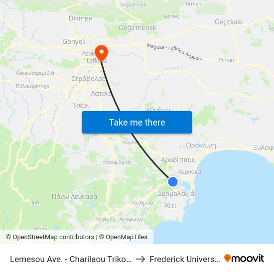 Lemesou Ave. - Charilaou Trikoupi to Frederick University map