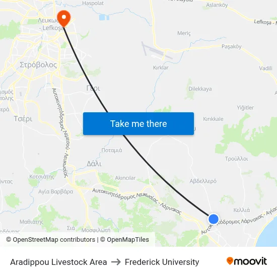 Aradippou Livestock Area to Frederick University map