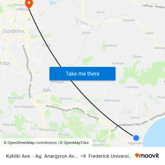 Kykliki Ave. - Ag. Anargyron Ave. to Frederick University map