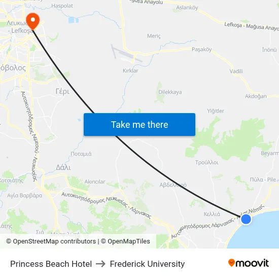 Princess Beach Hotel to Frederick University map