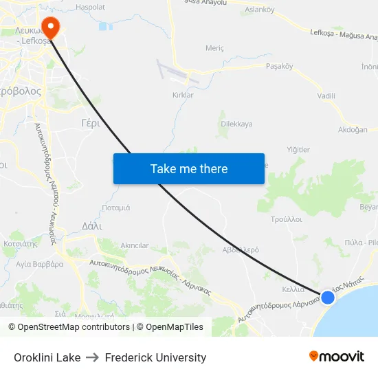 Oroklini Lake to Frederick University map