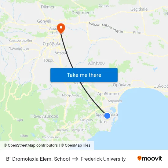 B´ Dromolaxia Elem. School to Frederick University map