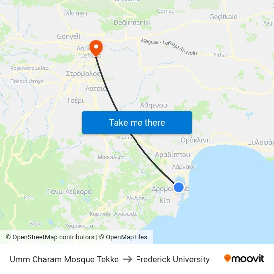 Umm Charam Mosque Tekke to Frederick University map