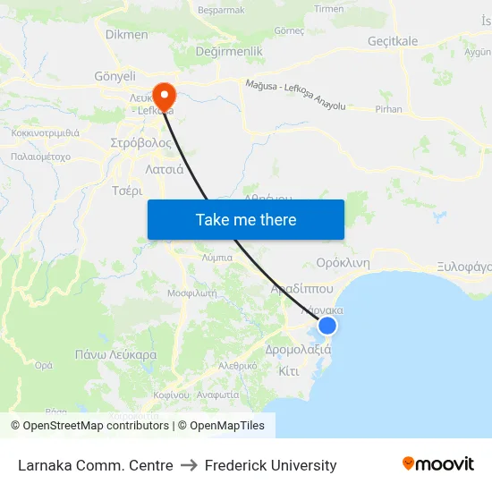 Larnaka Comm. Centre to Frederick University map