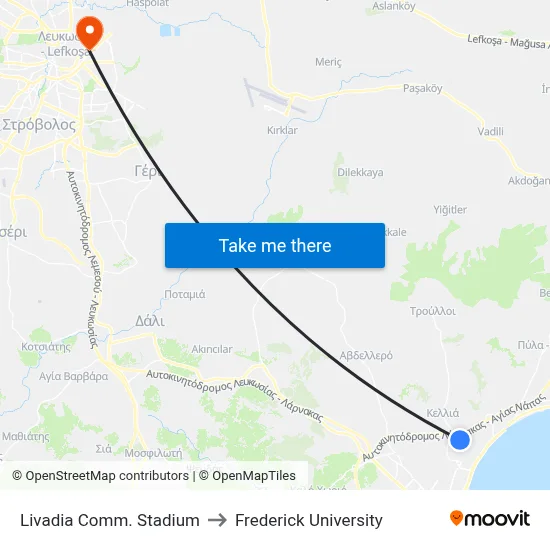 Livadia Comm. Stadium to Frederick University map