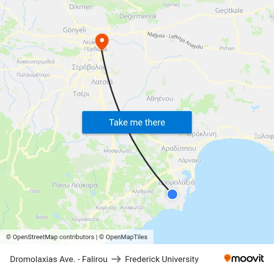 Dromolaxia Avenue - Falirou to Frederick University map