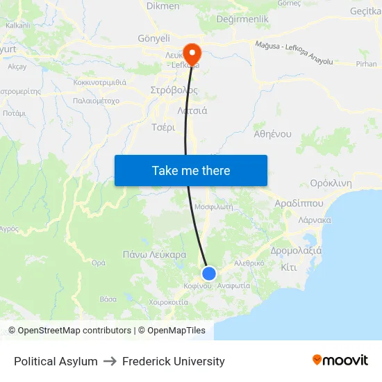 Political Asylum to Frederick University map