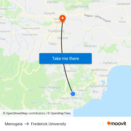Menogeia to Frederick University map