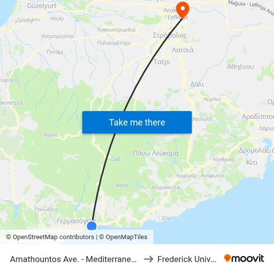 Amathountos Ave. - Mediterranean Hotel to Frederick University map