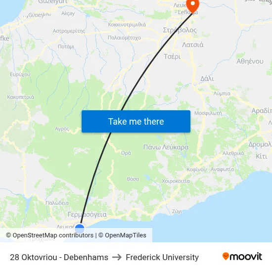28 Oktovriou - Debenhams to Frederick University map
