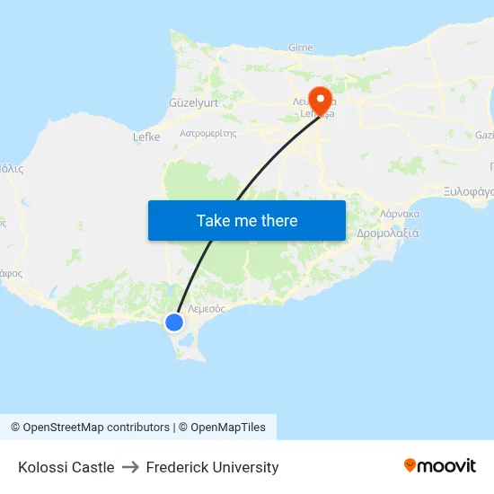 Kolossi Castle to Frederick University map