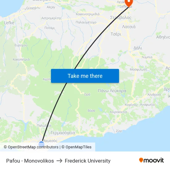 Pafou - Monovolikos to Frederick University map