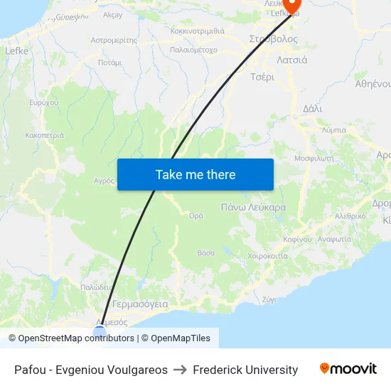 Pafos - Evgeniou Voulgareos to Frederick University map