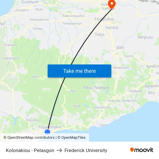 Kolonakiou - Pelasgon to Frederick University map