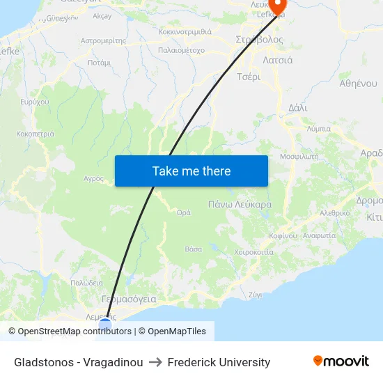 Gladstonos - Vragadinou to Frederick University map