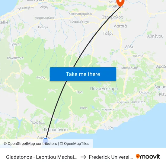 Gladstonos - Leontios Machaira to Frederick University map