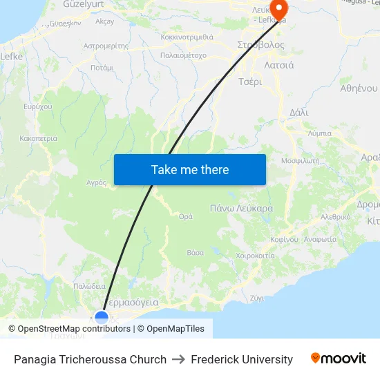 Panagia Tricheroussa Church to Frederick University map