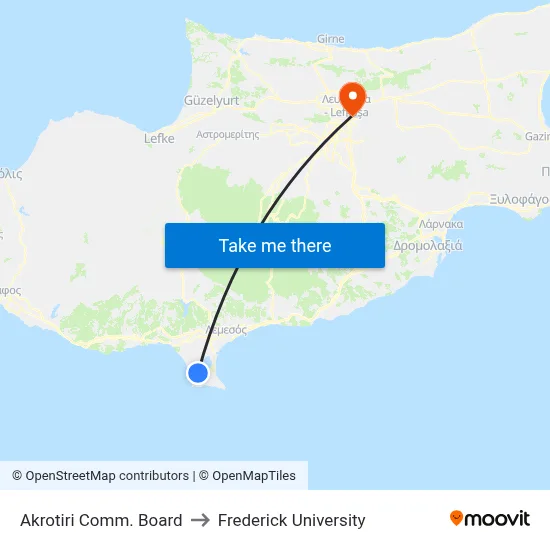Akrotiri Comm. Board to Frederick University map
