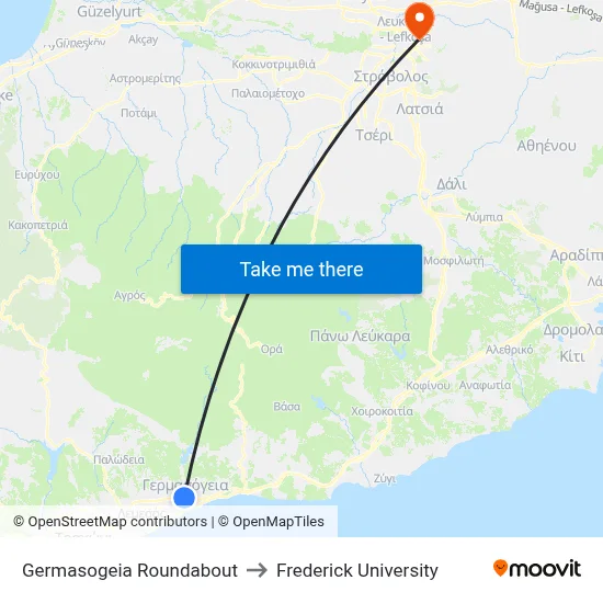 Germasogeia Roundabout to Frederick University map