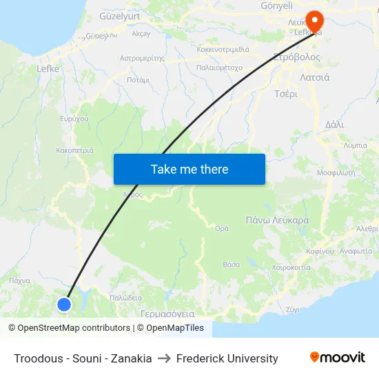 Troodous - Souni - Zanakia to Frederick University map