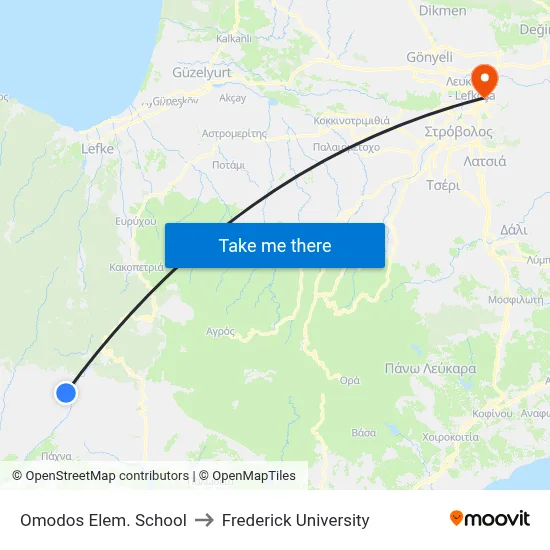 Omodos Elem. School to Frederick University map