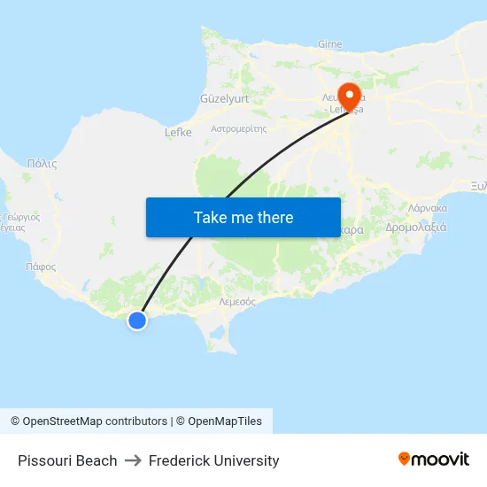 Pissouri Beach to Frederick University map