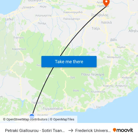 Petraki Giallourou - Sotiri Tsangari to Frederick University map