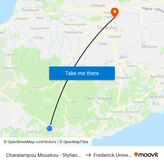 Charalampou Mouskou - Stylianou Lena to Frederick University map