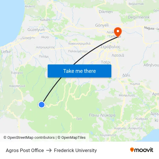 Agros Post Office to Frederick University map