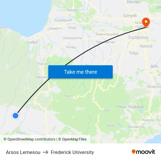 Arsos Lemesou to Frederick University map