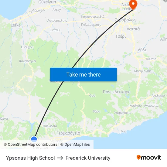 Ypsonas High School to Frederick University map