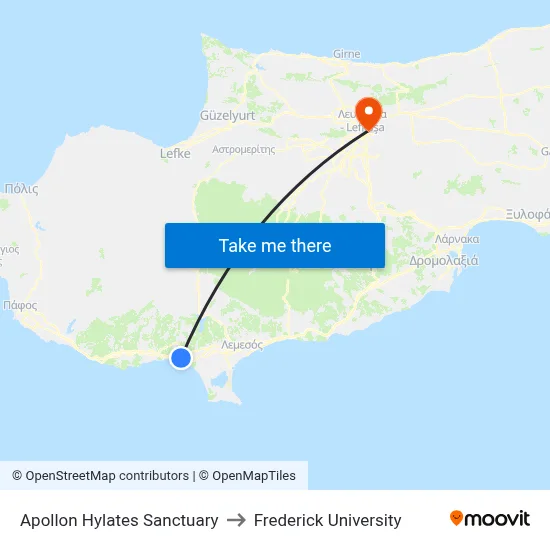 Apollon Hylates Sanctuary to Frederick University map