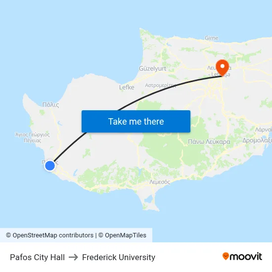 Paphos City Hall to Frederick University map