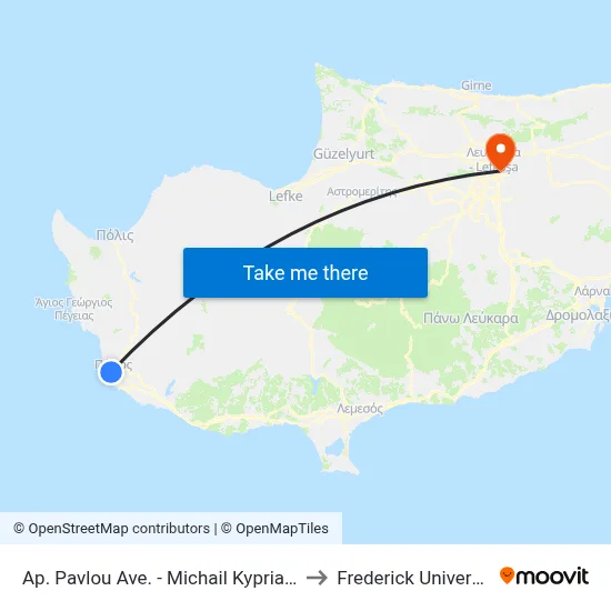 Ap. Pavlou Ave. - Michail Kyprianou to Frederick University map