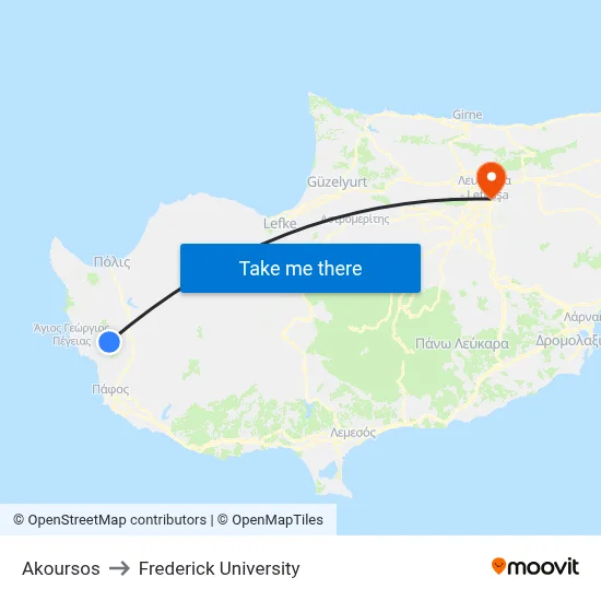 Akoursos to Frederick University map