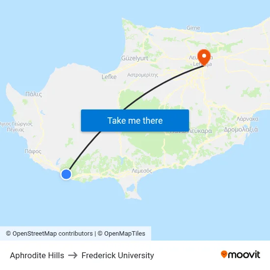 Aphrodite Hills to Frederick University map