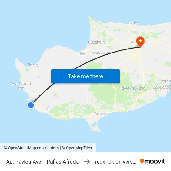 Ap. Pavlou Ave. - Pafias Afroditis to Frederick University map