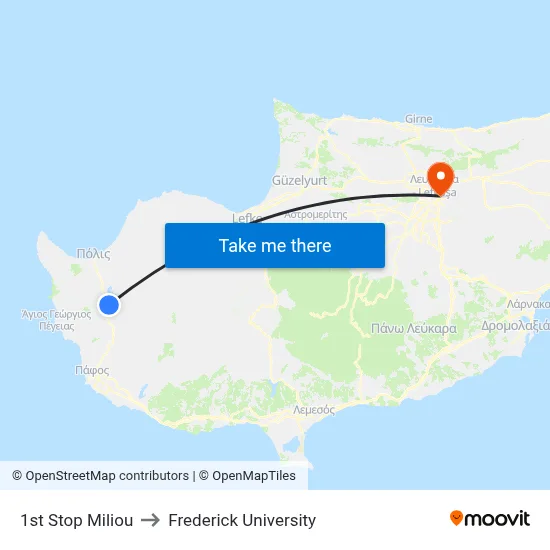 1st Stop Miliou to Frederick University map
