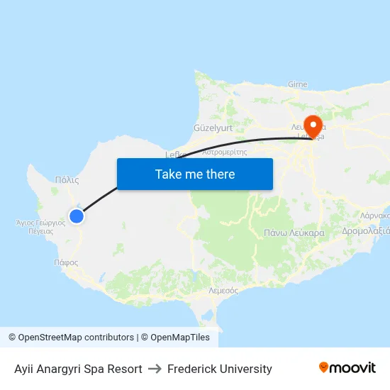 Ayii Anargyri Spa Resort to Frederick University map