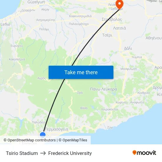 Tsirio Stadium to Frederick University map